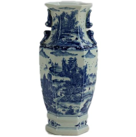 Village Scene Floral Handle Vase