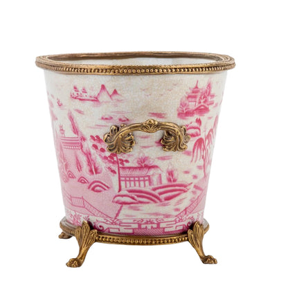 Village Scene Bronze Ormolu Pink Willow Planter