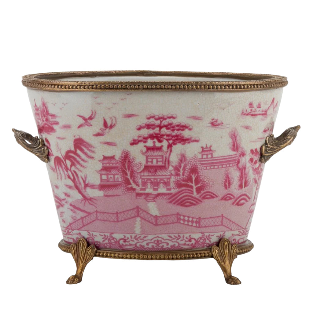 Village Scene Bronze Ormolu Pink Willow Planter