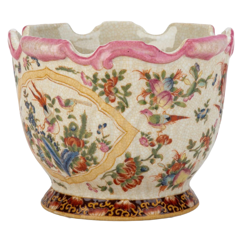 Scalloped Multi-Color Bird & Floral Scene Planter