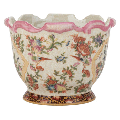 Scalloped Multi-Color Bird & Floral Scene Planter