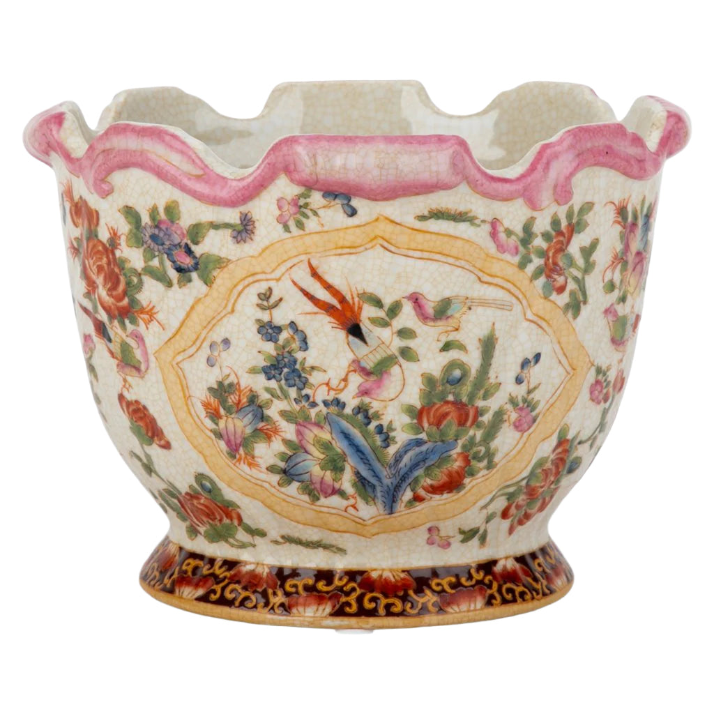 Scalloped Multi-Color Bird & Floral Scene Planter