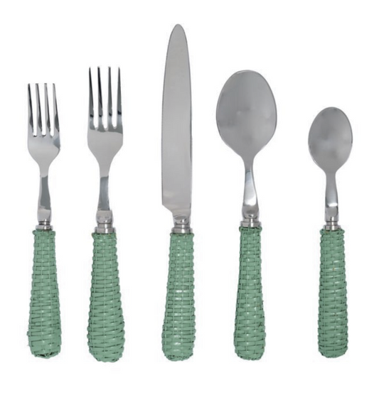 Soft Green Basketweave Five Piece Flatware Set
