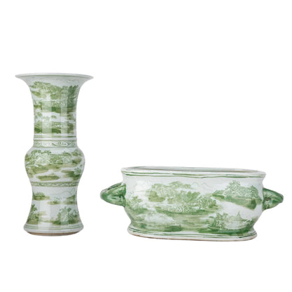 Green Village Scene Trumpet Vase