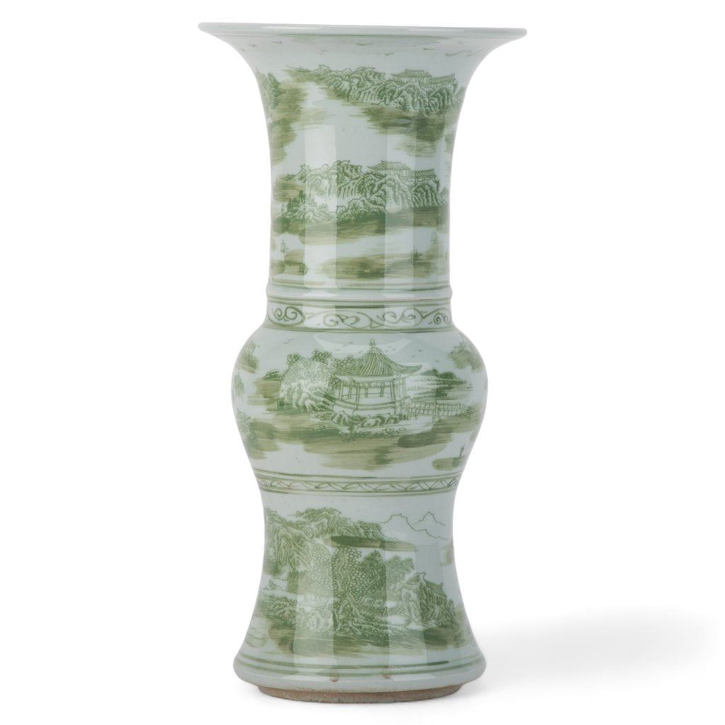 Green Village Scene Trumpet Vase