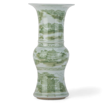 Green Village Scene Trumpet Vase